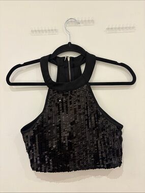 Black Sequin Halter Crop Top - Women
